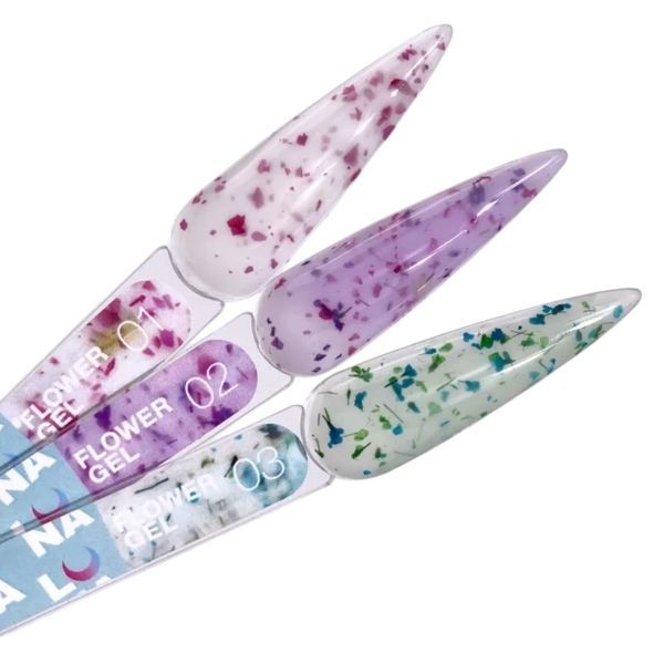 Гель для нарощування LUNAmoon Flower Gel №02, молочний з фіолетовими сухоцвітами, 15 мл FGLM02 фото